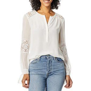 Rebecca Taylor ~ Sarah Silk Lace Panel Long Sleeve Henley Blouse Shirt